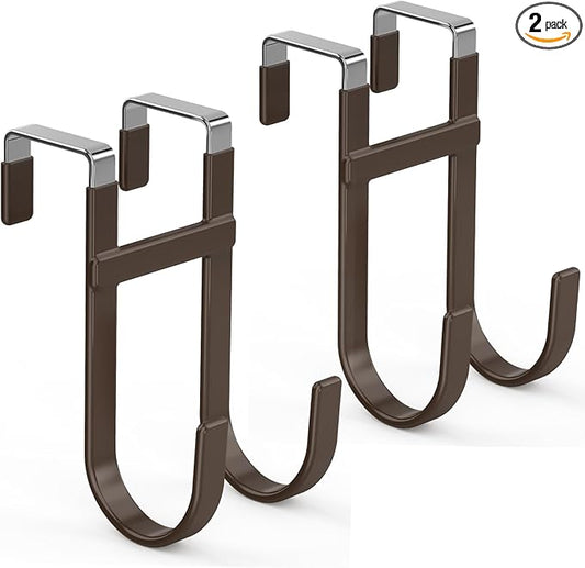 FYY Over The Door Hooks - 2 Pack Heavy Duty Dual-Hook Organizer Hanger with Non-Slip Rubber for Towels, Clothes, Hats & Bags Use in Bathroom, Bedroom, Kitchen - Fits Interior Doors Up to 1 3/8" Brown