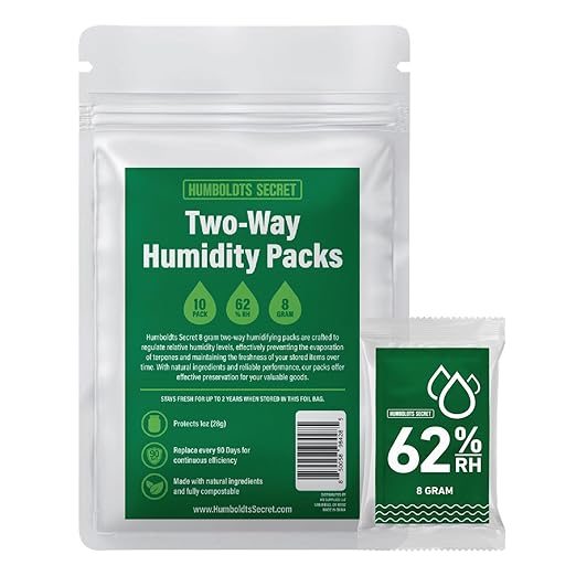 Humboldts Secret 62% Humidity Packs RH 2-Way | Moisture Absorber & Regulator for Small Containers | Relative Humidity Control Packets with Resealable Bag | 2 Way Humidity Control Packs | Pack of 10