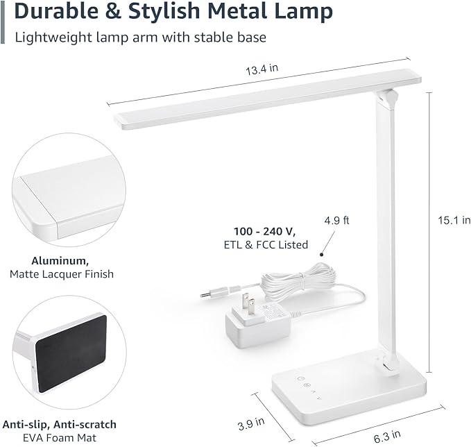 Lepro LED Desk Lamp with USB Charging Port Dimmable Home Office Touch Control Reading Table Lamp,3 Color Modes with 5 Brightness Level, School Dorm Room Essentials, Task Lamp, Sewing, Crafting, White
