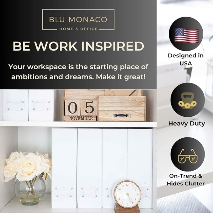 BLU MONACO Set of 6 Foldable White Magazine File Holder with White Leather Label Holders – Stylish Cardboard Desk Organizer Vertical File Organizers Magazine Storage for Workspace and Shelves