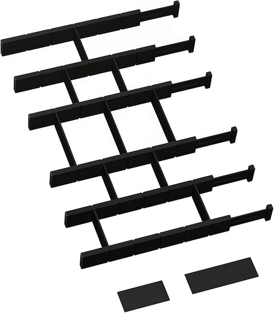 6 Pack Bamboo Drawer Dividers with 12 Inserts, Expandable Adjustable Clothes Drawer Organizers and Storage from 17" to 22" for Kitchen, Bedroom, Dresser, Cosmetics (Black)