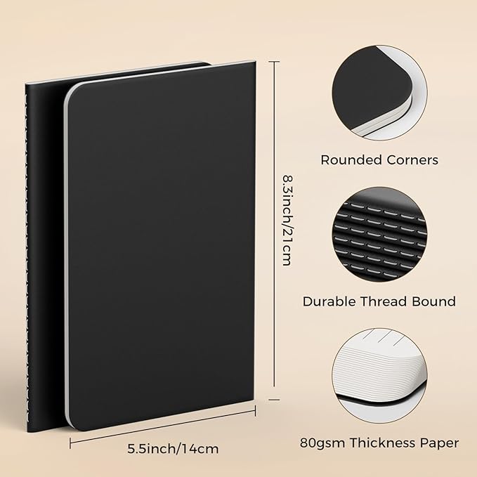 12 Pack College Ruled Notebook Journals Bulk, Lined Paper, 60 Page, 5.5x8.3 inch, A5, Travel Journal Set for Travelers, Students, Church, Office, Writing Diary Subject Notebooks Planner, Black