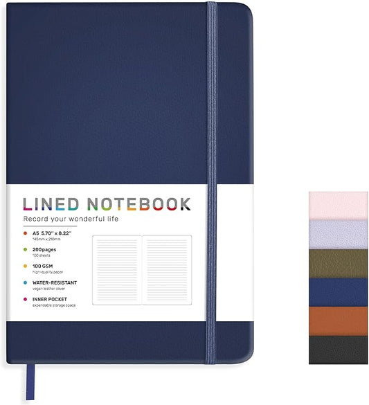 Lined Journal Notebook for Women Men, 200 Pages A5 Hardcover Leather Journals for Writing,Travel,School,Office,Work,Business,College Ruled Notebooks for Note Taking, Diary Notepad 5.7"×8.3"(Blue)