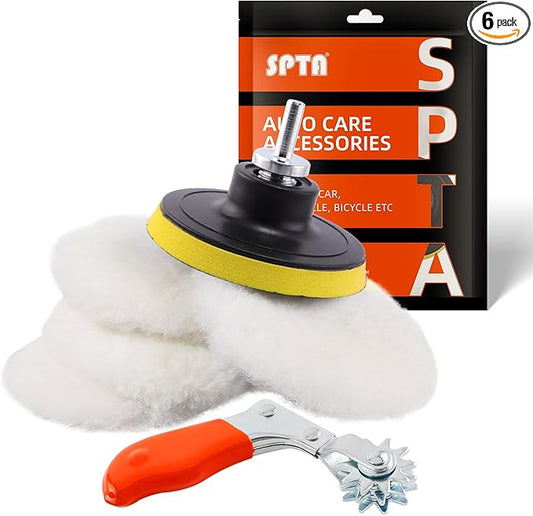 Wool Buffing Polishing Pad, SPTA 3 Inch (75mm) Lambwool Wool Buffing polishing Pads, 6 Pcs Kit with Hook & Loop 5/8"-11 Thread Drill Adapter for Car Polishing and Buffing -QA0798SET