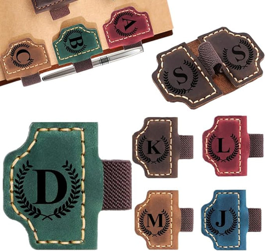 Custom Bookmark with Pen Holder with 26 Letters Personalized Magnetic Leather Book Mark, Customized Name Book Marker Clip with Initial for Men Women, Gifts for Book Lovers, Readers, (Green, D)