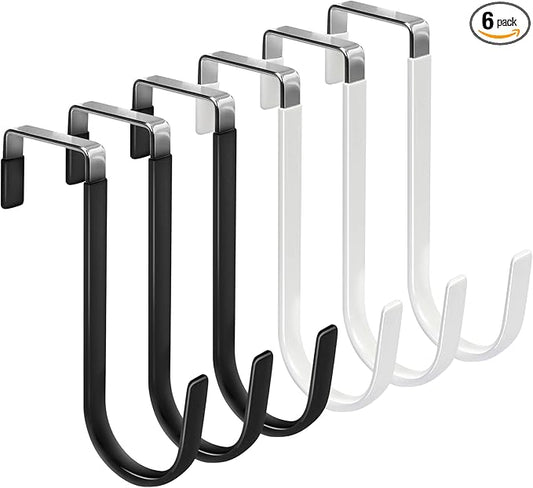 FYY 6PCS Over The Door Hooks, Door Hangers Hooks with Rubber Prevent Scratches Heavy Duty Organizer Hooks for Living Room, Bathroom, Bedroom, Kitchen Hanging Clothes, Towels, Hats, Bags Black+White