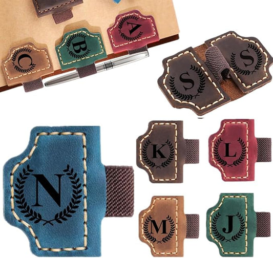 Custom Bookmark with Pen Holder with 26 Letters Personalized Magnetic Leather Book Mark, Customized Name Book Marker Clip with Initial for Men Women, Gifts for Book Lovers, Readers, (Blue, N)