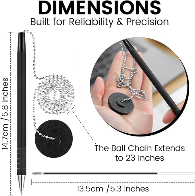 Secure Pen with Adhesive Pen Chain Holder 23-Inch Chain (42 Pieces) | 7 Black Pens and 7 Blue Pens with 14 Black & 14 Blue Refills | Counter Pens with Chain & Base