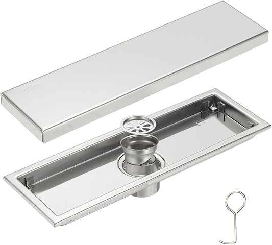 uxcell Rectangular Shower Drain, Brushed 304 Stainless Steel Odor-Proof Floor Drain Linear Shower Drain Hair Catcher for Bathroom Kitchen and Laundry Room(12 Inch, Bright Silver)