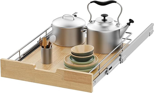 Pull Out Cabinet Organizer,Heavy-Duty Slide Out Shelf, Wood And Wire Basket, Pull Out Drawer for for Kitchen Under Sink Space, Pantry, Bathroom (26 * 21 WM)