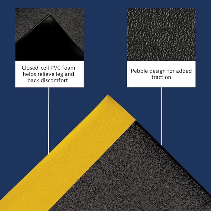 Notrax 411 Sof-Tred™ 3' x 12' x 3/8" Anti Fatigue Mat, Enhanced Slip Resistance with Beveled Edges and Pebbled Surface, Ideal for Industrial and Commercial Workplaces, Black/Yellow, 411S3312BY