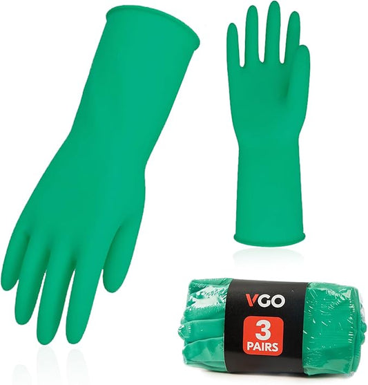 Vgo... 3-Pairs Reusable Household Gloves, Rubber Dishwashing gloves, Extra Thickness, Long Sleeves, Kitchen Cleaning, Working, Painting, Gardening, Pet Care (Size S, Green, HH4601)