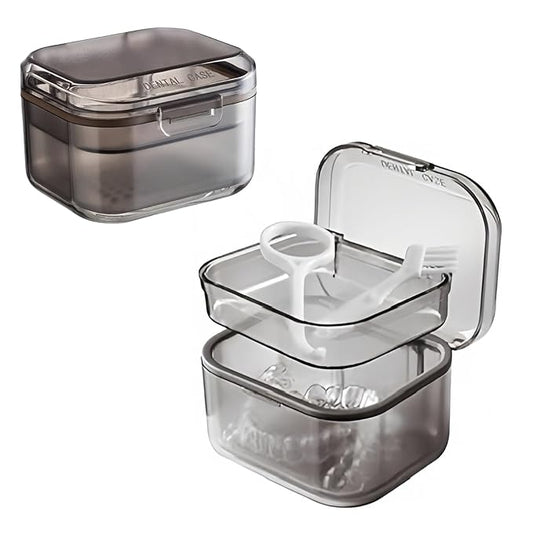 Retainer Case Denture Bath Case,Retainer Cleaner Case with Lid,Denture Cup for Partial Dentures,Mouth Guard&Braces,Denture Soaking Container Case for Travel (Black)
