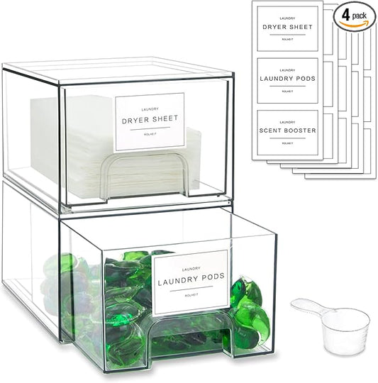 4 Pack Laundry Room Organization Storage Drawers with Labels, Clear Stackable Dryer Sheet Holder and Pod Containers, Detergent Dispenser for Laundry Room Organizing and Decor