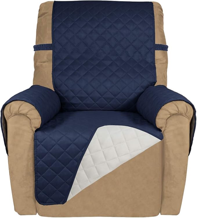 PureFit Reversible Quilted Sofa Cover, Water Resistant Slipcover Furniture Protector, Washable Couch Cover with Non Slip and Elastic Straps for Kids, Dogs, Pets (Small Recliner, Navy/Ivory)