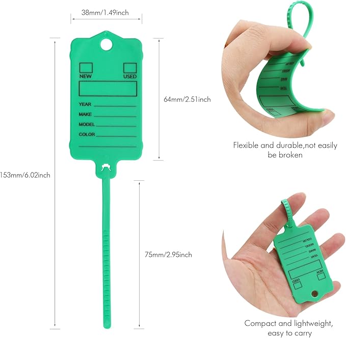 50 Car Key Tags with Labels Plastic Car Dealership Key Tags Self Locking Automotive Identifiers Blank Shop Labels with One Pen (Green)