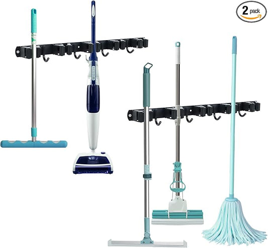 Broom and Mop Holder Wall Mount - 5 Slots and 4 Hooks Stainless Steel Mop and Garden Tool Storage Rack for Bathroom, Kitchen, Garage, Outdoor （2Pcs