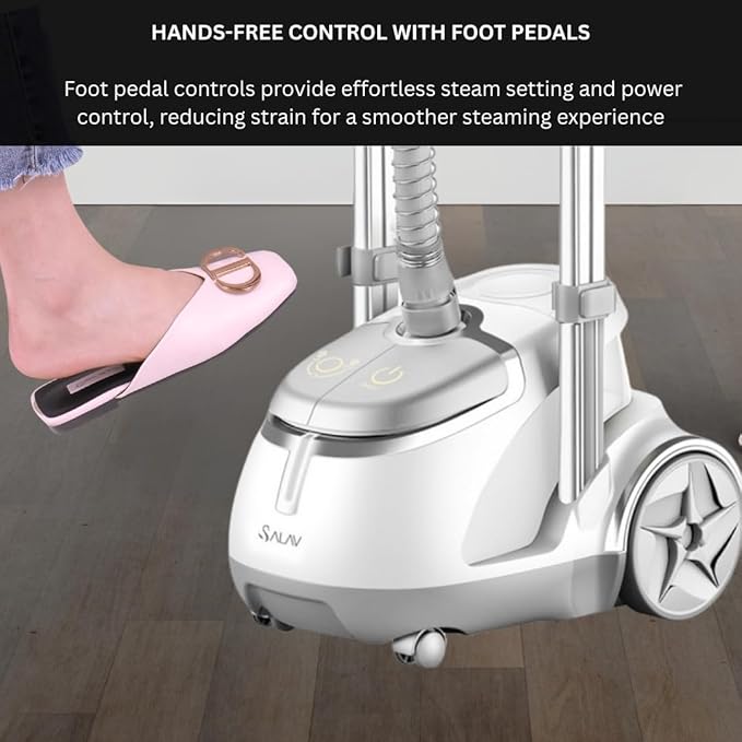 SALAV GS45-DJ Professional Upright Garment Steamer with Roll Wheels, Multi-Function Extra Wide Hanger, Fabric Brush & Mini Ironing Paddle, 1500 watts, Silver