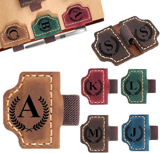 Custom Bookmark with Pen Holder with 26 Letters Personalized Magnetic Leather Book Mark, Customized Name Book Marker Clip with Initial for Men Women, Gifts for Book Lovers, Readers, (Brown, A)