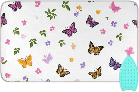 Pretty Butterfly Flower Ironing Mat for Table top Portable Ironing Pad Blanket for Washer Dryer Countertop Travel