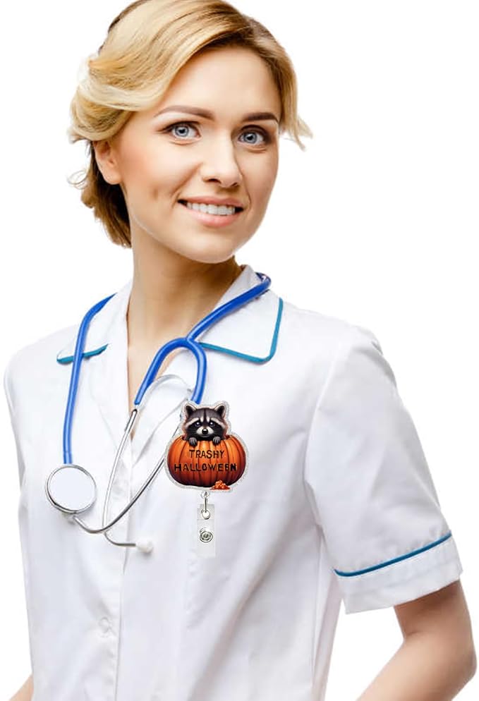 Halloween Badge Reel Retractable Cute Raccoon Name Tag Acrylic Alligator Clip Halloween Raccoon Sitting in Pumpkin Designs Badge Clip ID Spooky Badge Holder for Nurse Student Teacher