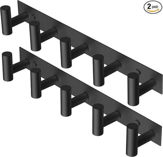 PMMASTO Coat Rack Wall Mounted, 5 "T Shaped Wall Hooks for Hanging, Heavy Duty Stainless Steel Coat Hook Rail for Hat Towel Robes in Bathroom Kitchen Mudroom Entryway (Black, 2 Pack)