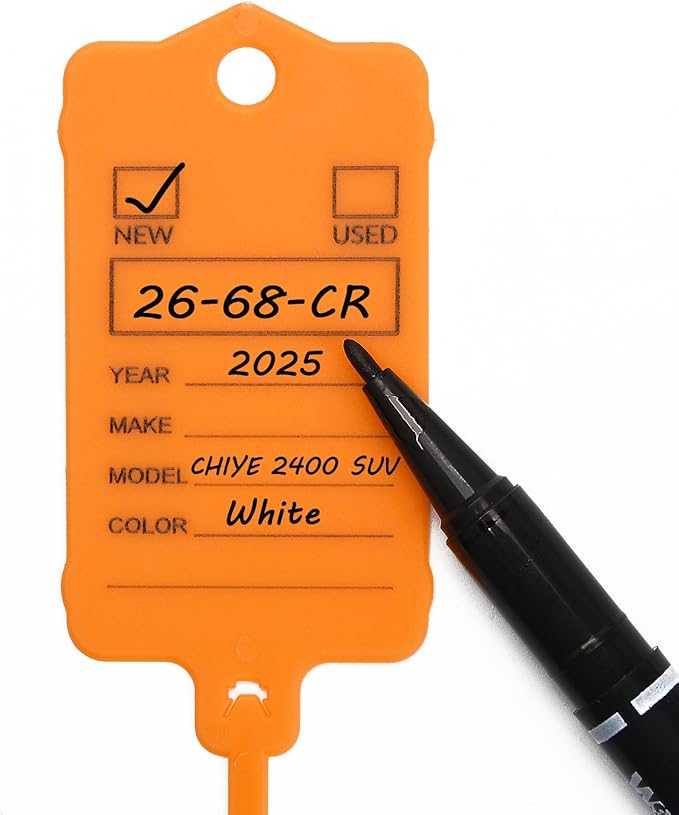 100 Car Key Tags with Labels Plastic Car Dealership Key Tags Self Locking Automotive Identifiers Blank Shop Labels with One Pen (Orange)