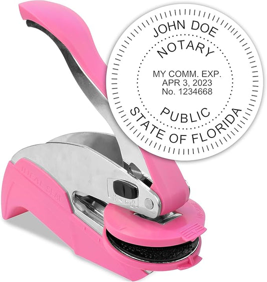 MaxMark Notary Seal Round Pink Embosser for Florida State - Includes Gold Burst Seal Labels (50 Count)