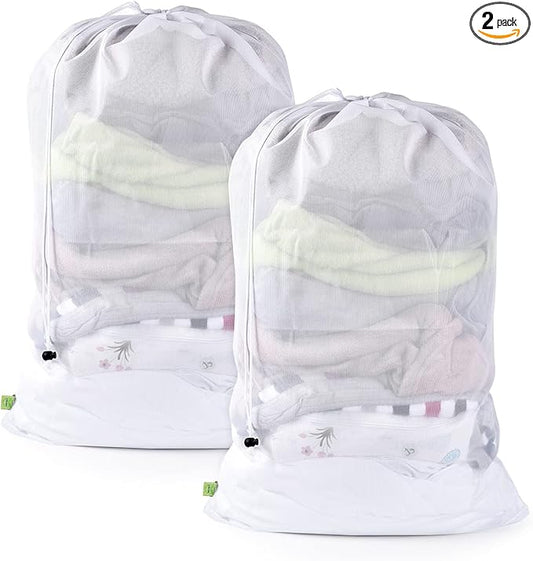OTraki 2 Pcs Large Mesh Laundry Bags, 24X36 Inch Heavy Duty Drawstring Laundry Wash Bag, Dirty Clothes Laundry Hamper Liner Machine Washable Storage Bag for Travel Dorm Camp Hotel Beach White