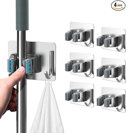 Mop Broom Holder No Drill, Mop Broom Organizer Wall Mounted Heavy Duty with Hooks Hanger, Self Adhesive Stainless Steel 4Pcs for Bathroom, Kitchen, Office (Silver)