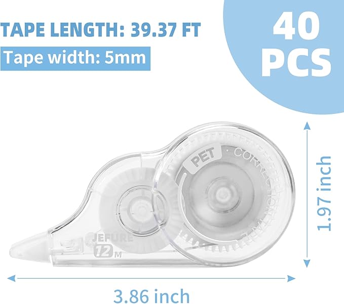 40 Pcs Correction Tape, 39.4 Ft White Wrong Out Tear-Resistant Bulk, Instant Corrections Easy To Use Applicator for School, Office, Note Taking, Journal (Tape Width 0.2 in, Clear)
