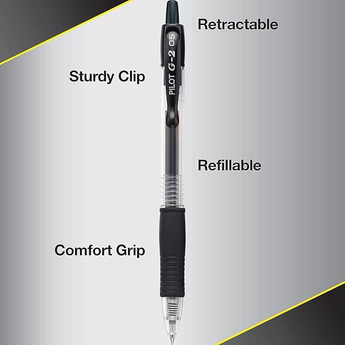 G2 Retractable Premium Gel Ink Roller Ball Pens Extra Fine Point (.5mm) Black/Blue/Red Ink 5 pack; Refillable & Premium Comfort Grip Bundle with Plastic Reusable Pouch