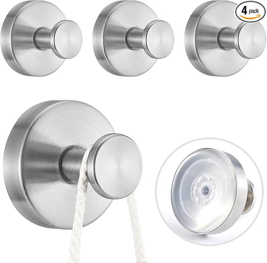4 PCS Suction Cup Hooks for Shower, Stainless Steel No Drill Suction Towel Hooks, Reusable Sticky Silicone Suction Cup Base for Bathroom Wall, Glass, Mirror, Tile to Hang Loofahs, Robes (Silvery)