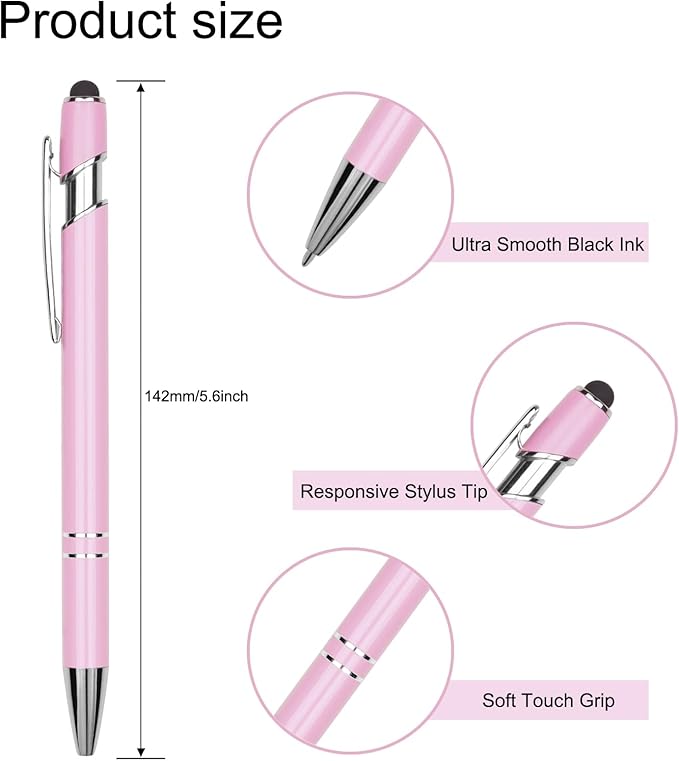 Ballpoint Pen Metal Soft Stylus Pen for Touch Screens，Retractable Tactile Turn Pen，Bulk Pens for Gifts Office Essentials，Medium Point，Black Ink (10 Color)