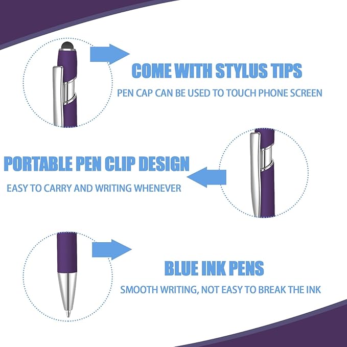 12 Pcs Blue Ink Ballpoint Pen with Stylus Tip, 1.0 mm Metal Pen Stylus Pen for Touch Screens, 2 in 1 Thank You Pen Gift for Friends, Colleagues, Coworker, Office, Family(Deep Purple)
