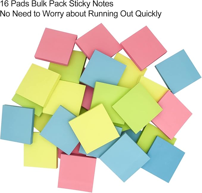 Sticky Notes 3x3, Self-Stick Notes, 16 Pads, 100 Sheets/Pad, Assorted Colors Stickies, Easy to Post Notes for Study, Works, Daily Life (16)