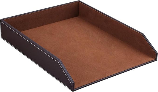KINGFOM Letter Tray, PU Leather Paper Organizer Tray for Desk, Paper Organizer Storage Holder for Office Home or School A4 Size Brown