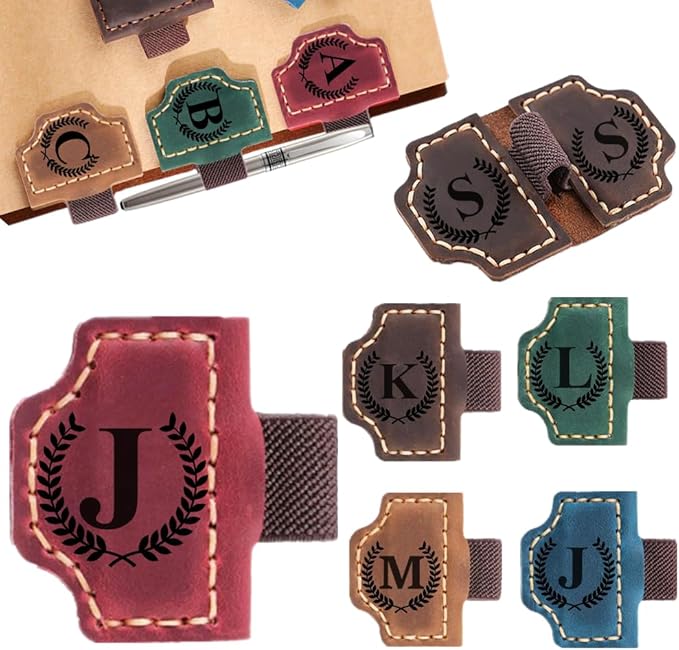 Custom Bookmark with Pen Holder with 26 Letters Personalized Magnetic Leather Book Mark, Customized Name Book Marker Clip with Initial for Men Women, Gifts for Book Lovers, Readers, (Red, J)