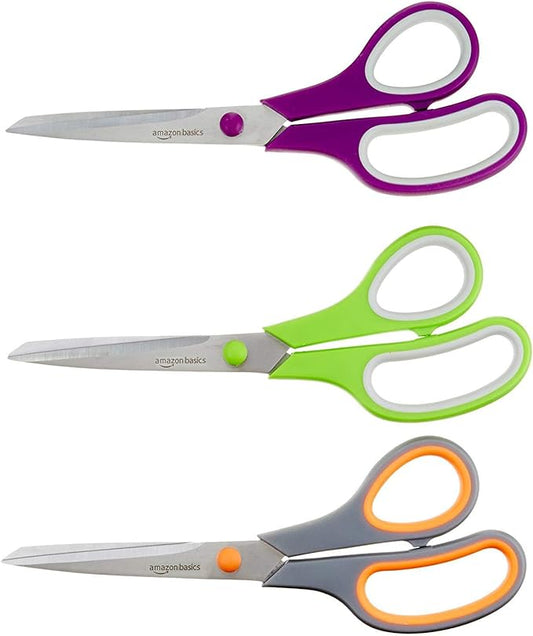 Amazon Basics Stainless Steel Scissors for Office, Crafts, Multipurpose, Sharp, Comfort Grip, PVD Coated, 3 Pack, Multicolor