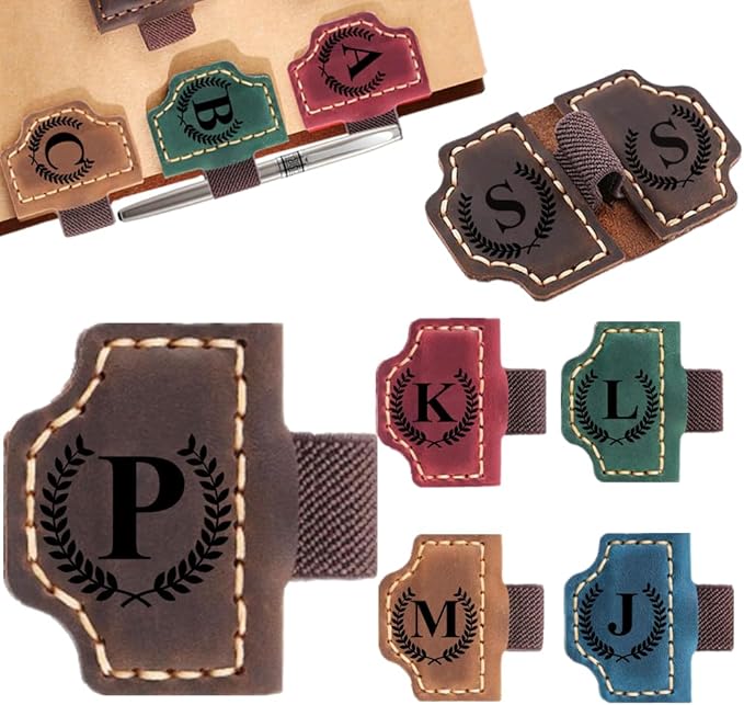 Custom Bookmark with Pen Holder with 26 Letters Personalized Magnetic Leather Book Mark, Customized Name Book Marker Clip with Initial for Men Women, Gifts for Book Lovers, Readers, (Coffee, P)