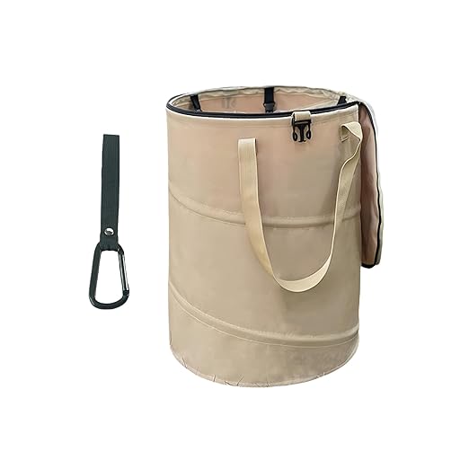 Collapsible Trash Can with Lid, Foldable Camping Trash Can, Outdoor Recycle Bin for Clothes and Toys, Thickened, Sturdy, Durable, with Attached Hook (Coffee)
