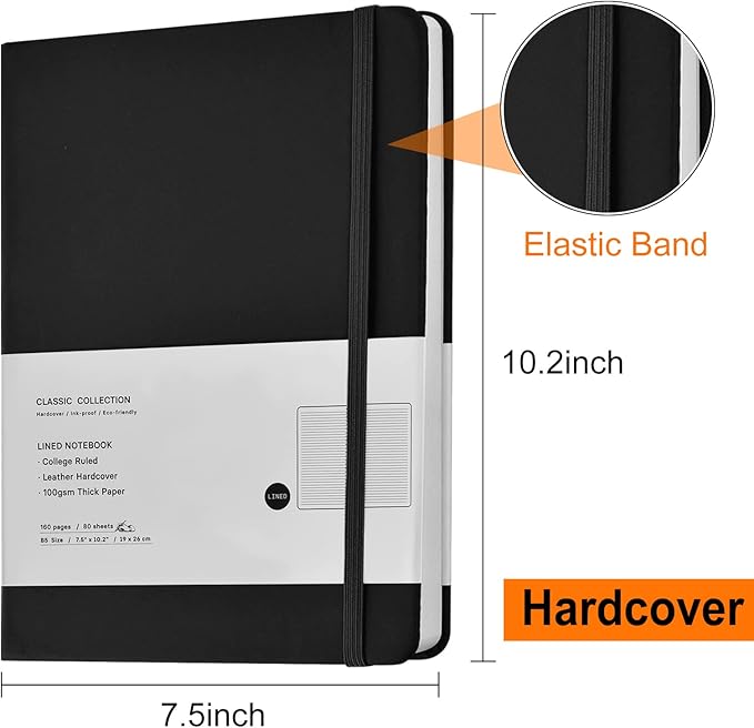 3 Pack B5 Journal Notebooks Classic Ruled Notebooks Hardcover Lined Journals for Office Home School Business Writing Note Taking, 10.2 x 7.5 inch, 100GSM Thick Paper, 160 Pages (Black/Brown/Green)