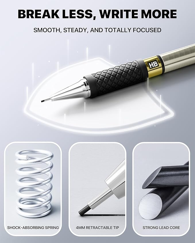 Four Candies Metal Mechanical Pencil Set - 3PCS 0.7mm Art Mechanical Pencils & 360PCS HB Lead Refills & 3PCS Erasers & 9PCS Eraser Refills, Drawing Mechanical Pencils for Writing, Sketching-With Case
