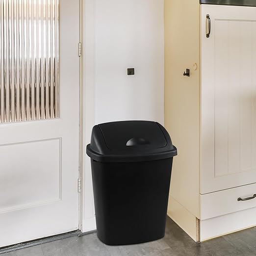 25 Liter Plastic Swing-Top Trash Can, 4-Pack Swing Lid Waste Can, Black