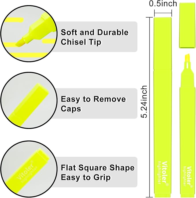 Vitoler Fluorescent Yellow Highlighters,10 Pack Bright Color Chisel tip Highlighters for Adults Kids in the Home School Office
