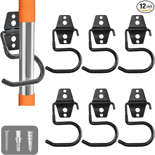 LIGHT DUST Broom Holder Wall Mount - 12 Pack Tool Hangers Garage Wall Hanging Organizer - Heavy Duty Metal Large S Hooks for Mop Shovel Rake Shed Garden Lawn Yard Handle Tools Organization (Black)