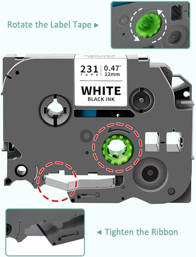 10-Pack 12 mm 0.47" Black on White Compatible for Brother Tze-231 Tz231 P Touch Label Tape 12mm 0.47" Laminated White Tze Tz Tape 1/2" for PT-D210 PT-D202 PT-D220 PTD410 PTD600 PTD400 PT2430