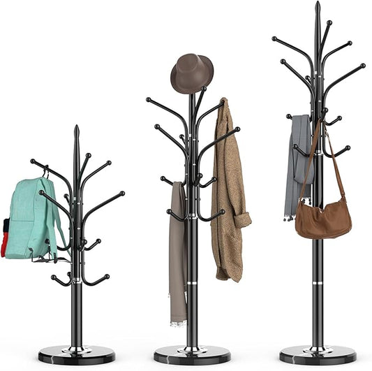 Heavy Duty Coat Rack with Marble Base, Freestanding Hall Coat Tree with 12 Hooks and 3 Adjustable Sizes, Metal Coat Rack Stand for Entryway, Bedroom, Office Hanging Purses, Coats, Scarves, Hats