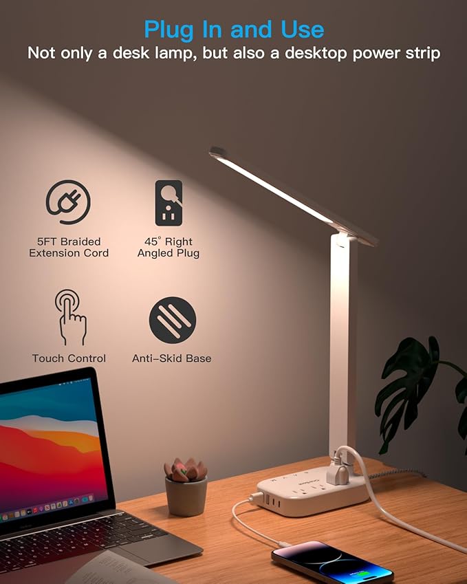 Dorm Room Essentials for Girls, Pink Power Strip with LED Desk Lamp, 3 Outlets 4 USB Ports, 4 Modes 5 Level Touch Lamp Small Desk Lamp for Home Office Bedroom Study Reading Light, 5ft Extension Cord