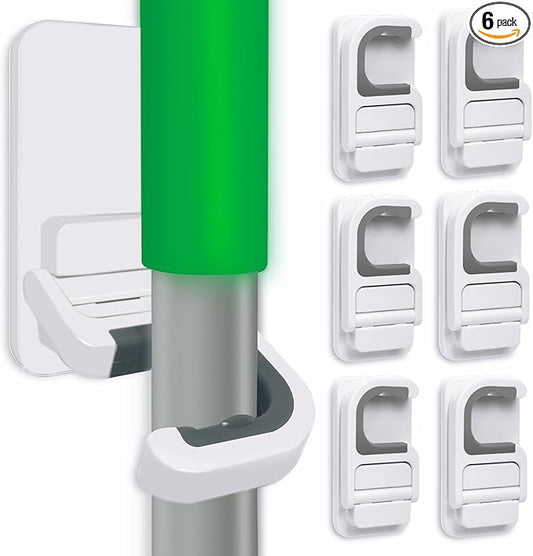 6 pack Broom Holder Wall Mount Mop Holder Broom and Mop Gripper Self Adhesive Peel and Stick Anti-Slip Mop Handle Hanger Household Cleaning Organizer, Holds up to 6 lb